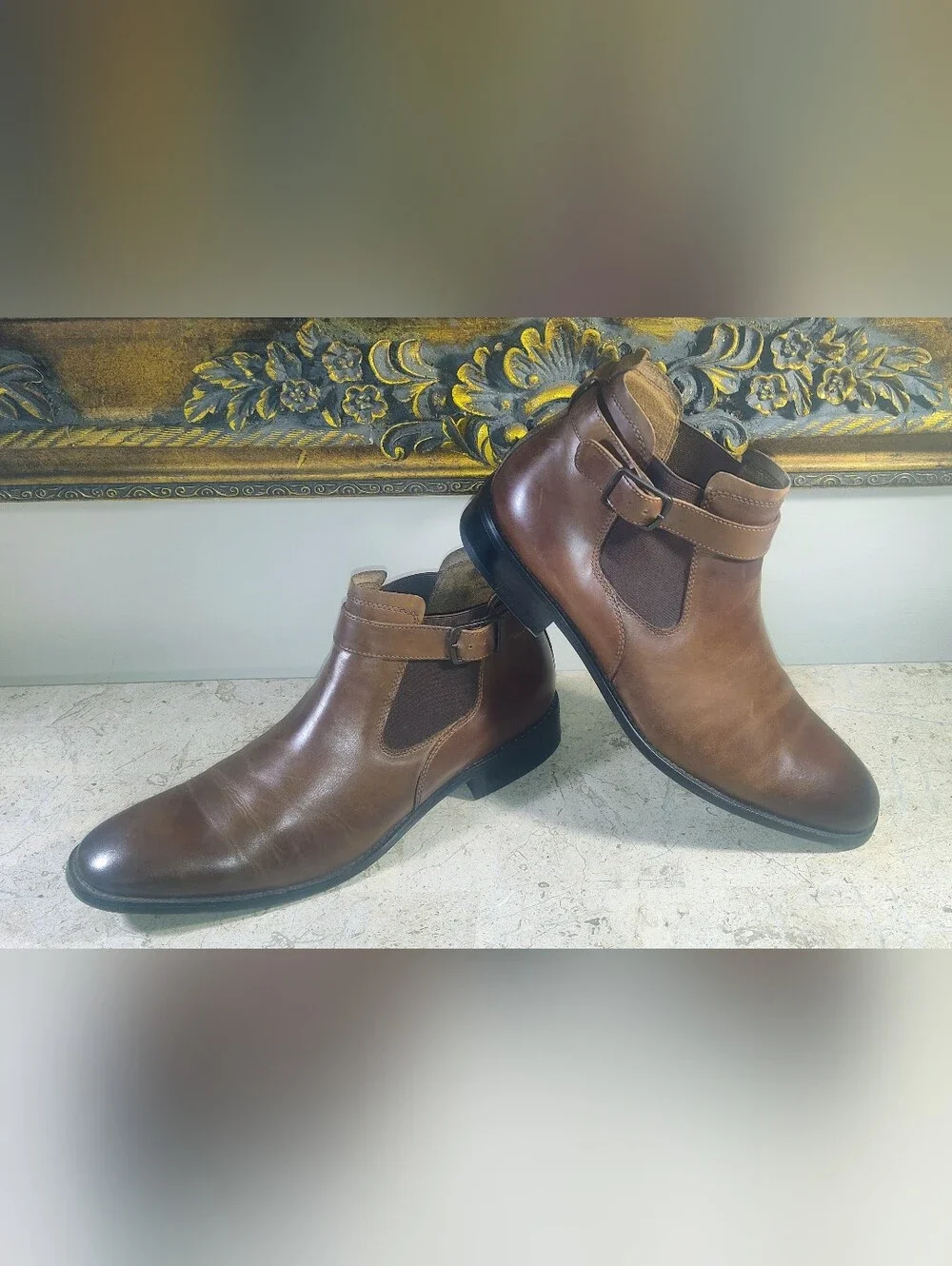 Kenneth Cole Brown Leather Roy Chelsea Boots with Side Buckle